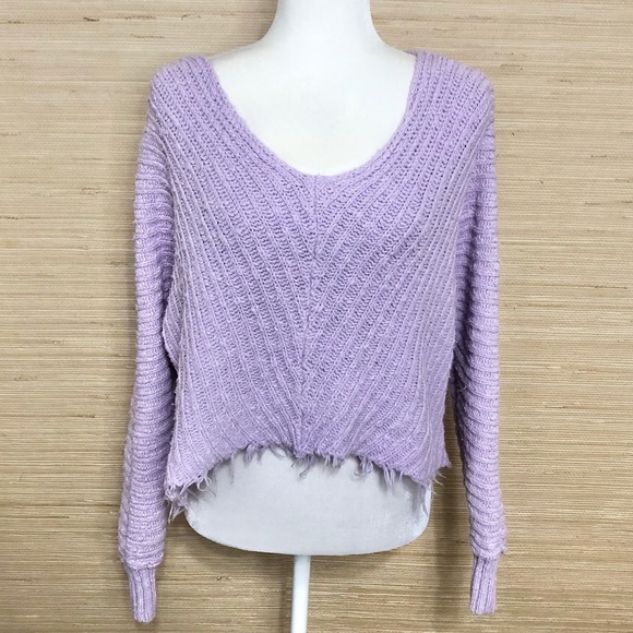 Free People Purple Large Knit Boatneck Fringe Hem Pullover Crop Sweater XS - Picture 1 of 5
